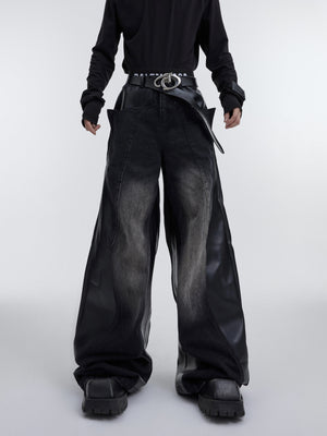Vintage-Washed-Distressed-Denim-Jeans---Deconstructed-PU-Patchwork-Pants-Black
