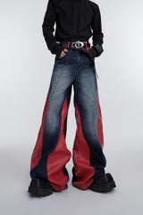 Vintage-Washed-Distressed-Denim-Jeans---Deconstructed-PU-Patchwork-Pants-Red