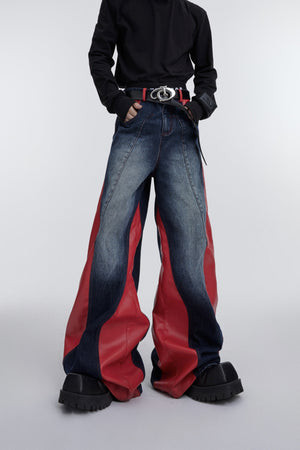 Vintage-Washed-Distressed-Denim-Jeans---Deconstructed-PU-Patchwork-Pants-Red