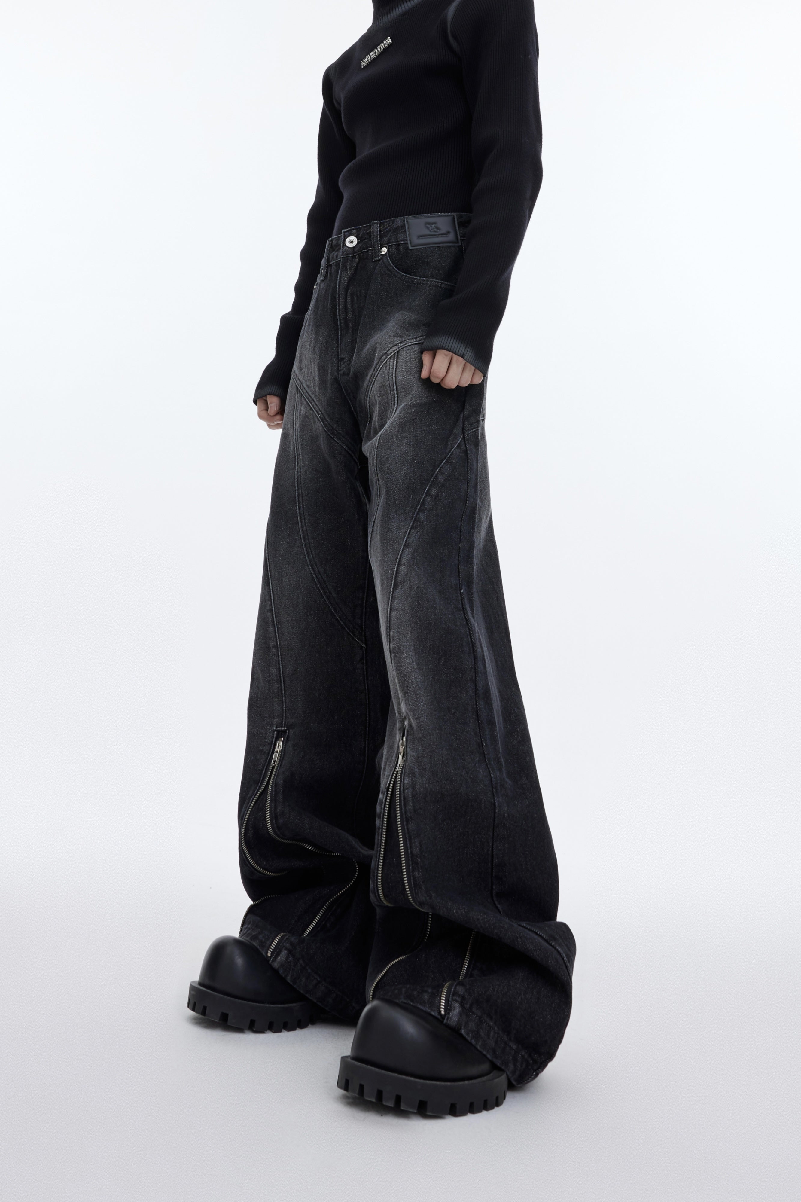 Vintage-Washed-Distressed-Flared-Jeans-with-Metal-Zipper-Gray