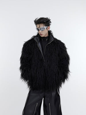 Vintage-Wave-Print-Heavyweight-Faux-Fur-Coat---Winter-Streetwear-Black