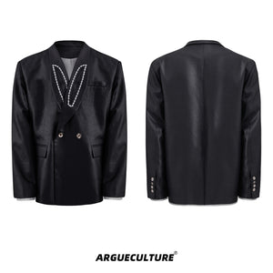 Waxed-Shoulder-Pad-Blazer-with-Pearl-Details---Streetwear-Black-Jacket