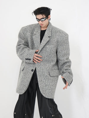 Wool-Blend-Oversized-Suit-Jacket---Thick-Shoulder-Pads---Striped-Gray