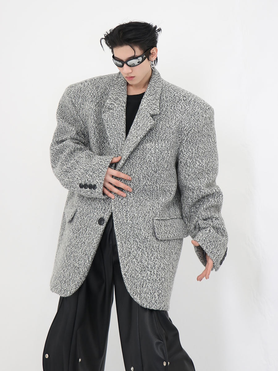 Wool-Blend-Oversized-Suit-Jacket---Thick-Shoulder-Pads---Striped-Gray