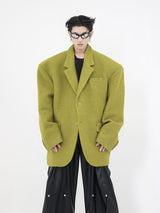 Wool-Blend-Oversized-Suit-Jacket---Thick-Shoulder-Pads---Striped-Light-Green
