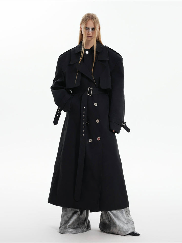 Retro Deconstructed Long Trench Coat with Double-Breasted Design - ArgueCulture