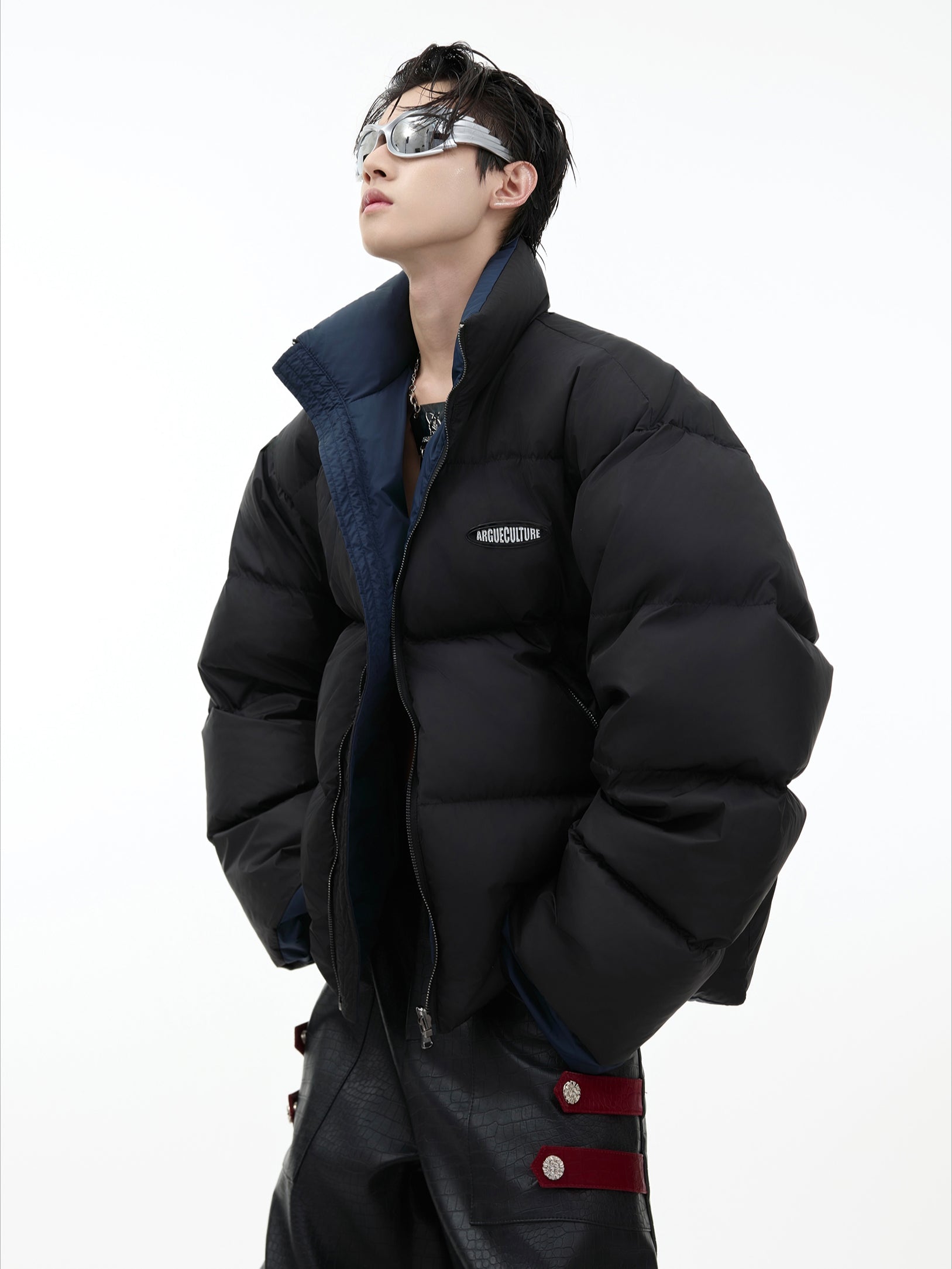 Reversible White Duck Down Puffer Jacket with Metal Logo - ArgueCulture