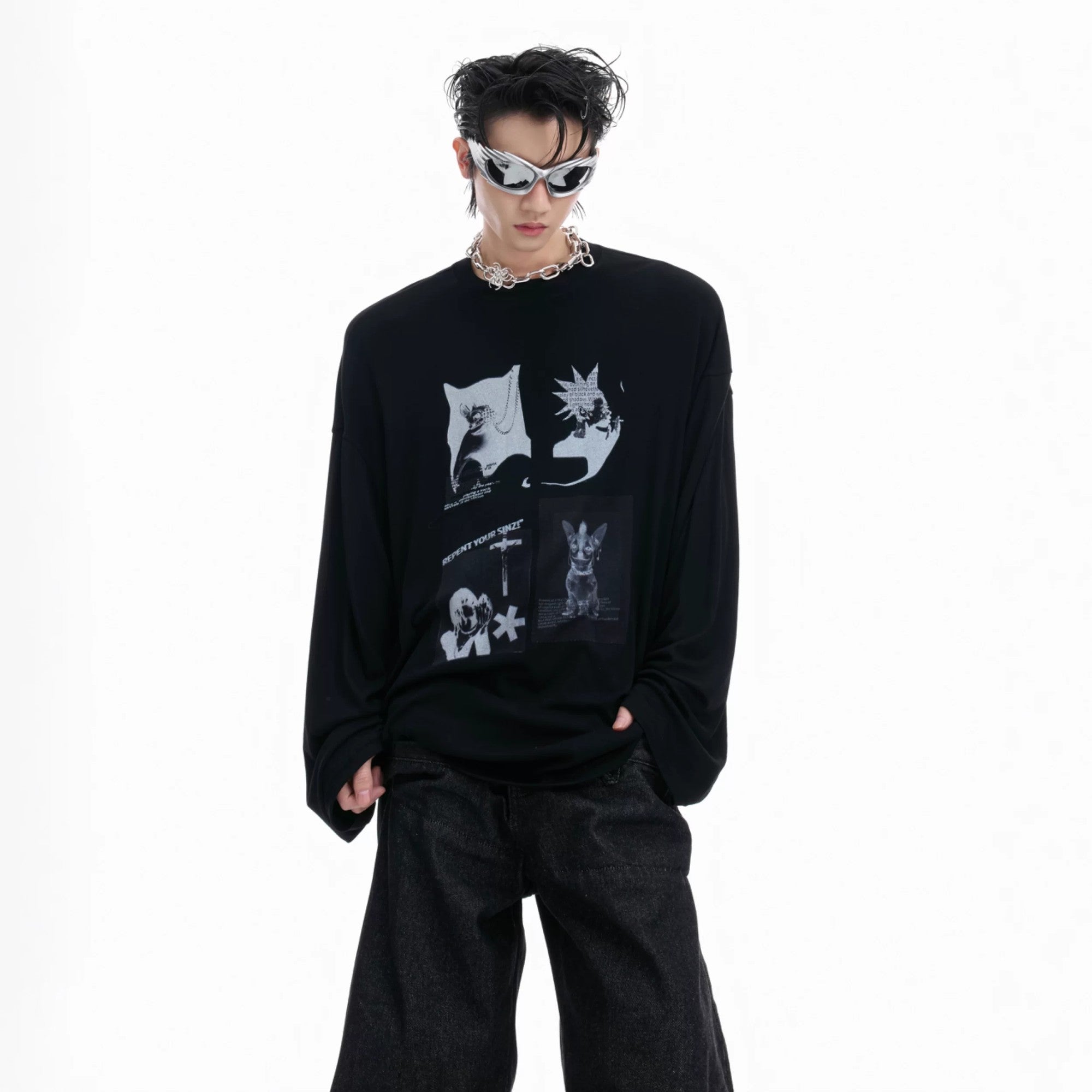 Black long sleeve streetwear tee with white ink gothic graphic print