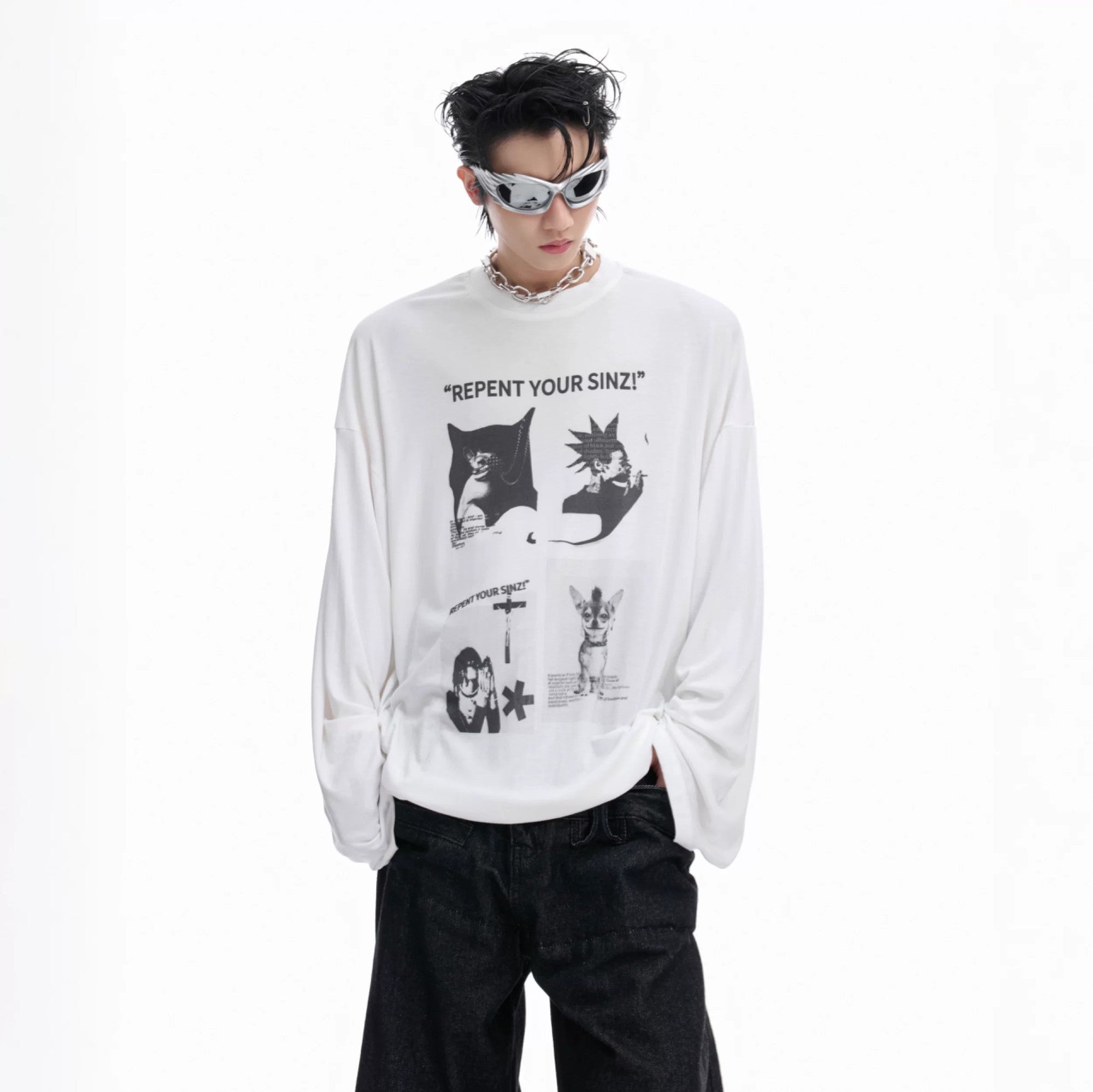 White loose fit long sleeve t-shirt with artistic ink pattern