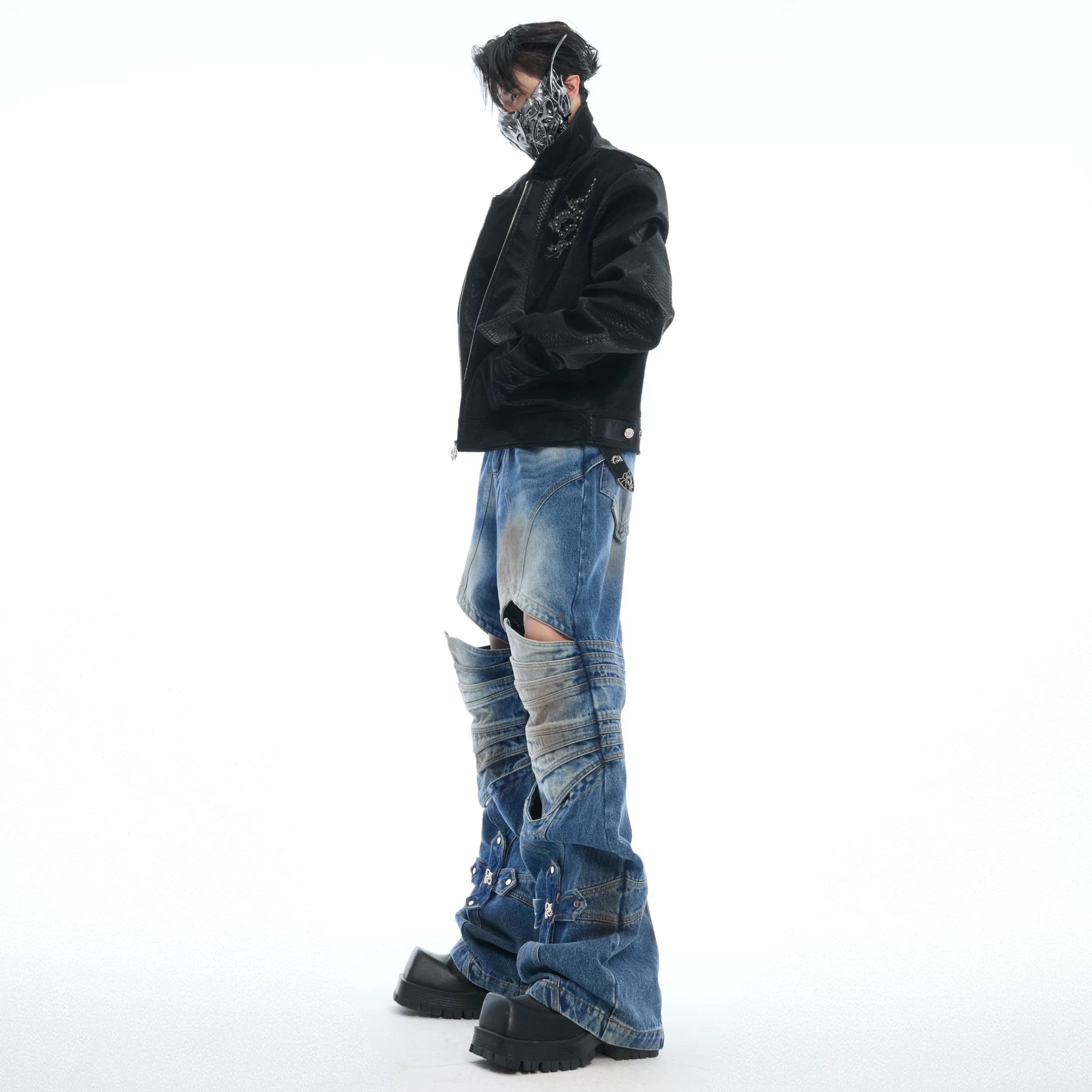 Detailed shot of armor inspired pleated knee cut-outs