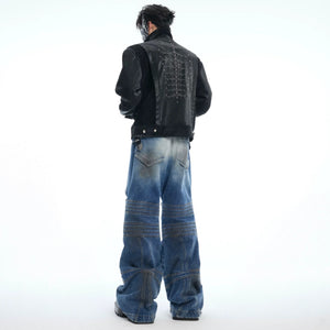 Street style model wearing deconstructed baggy jeans in an urban setting
