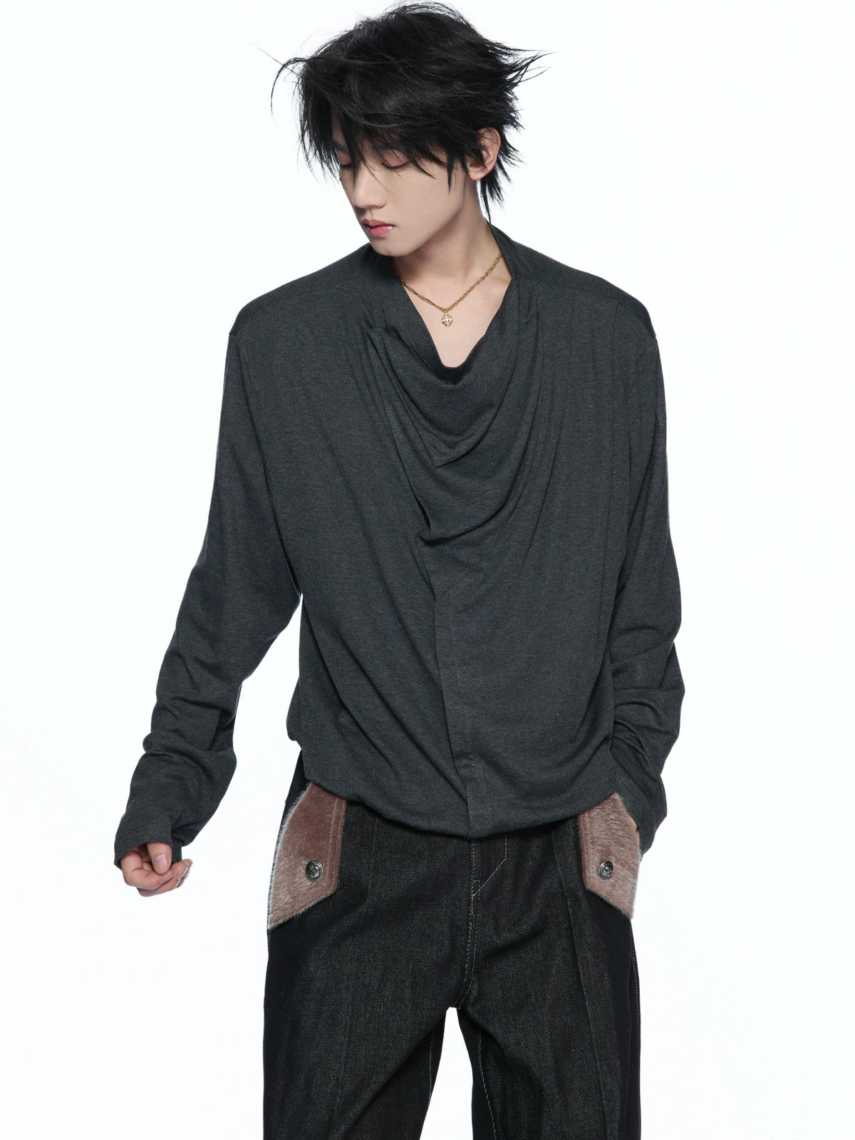 Asymmetric Cowl Neck Rayon Long Sleeve Streetwear Top - main image 1