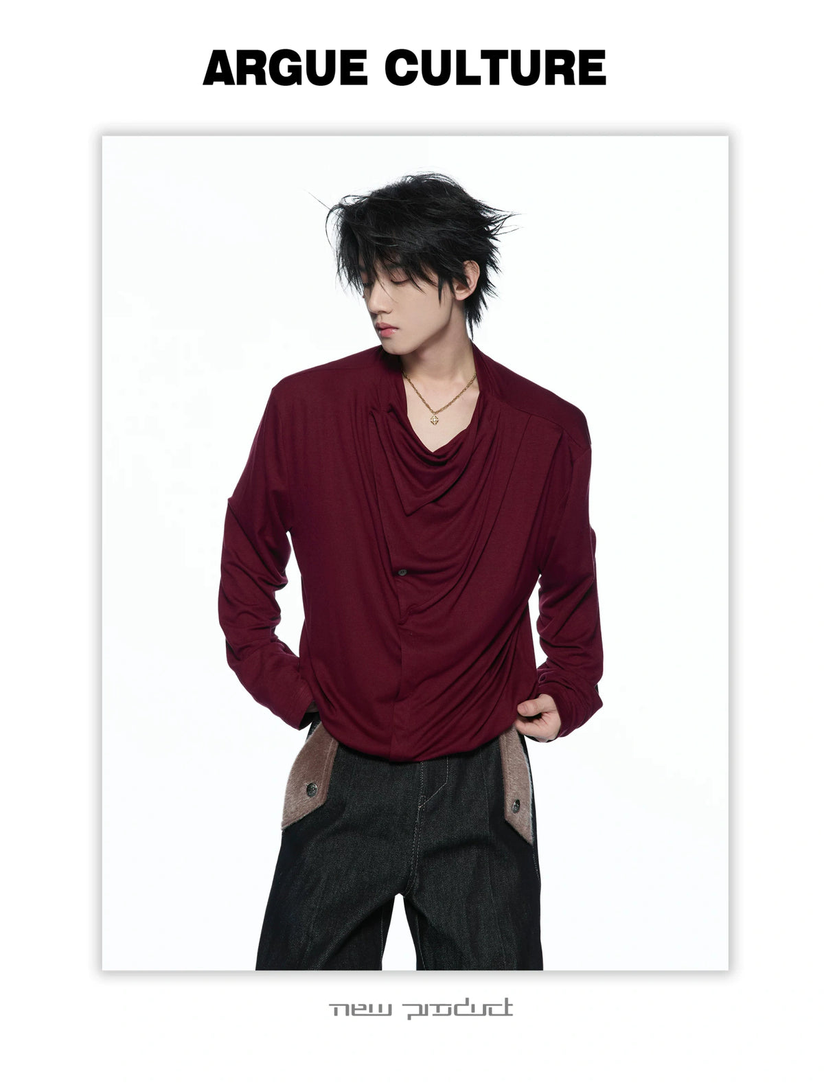 Asymmetric Cowl Neck Rayon Long Sleeve Streetwear Top - detail image 2