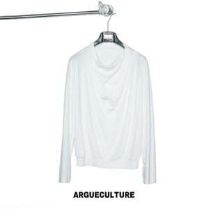 Asymmetric Cowl Neck Rayon Long Sleeve Streetwear Top - White
