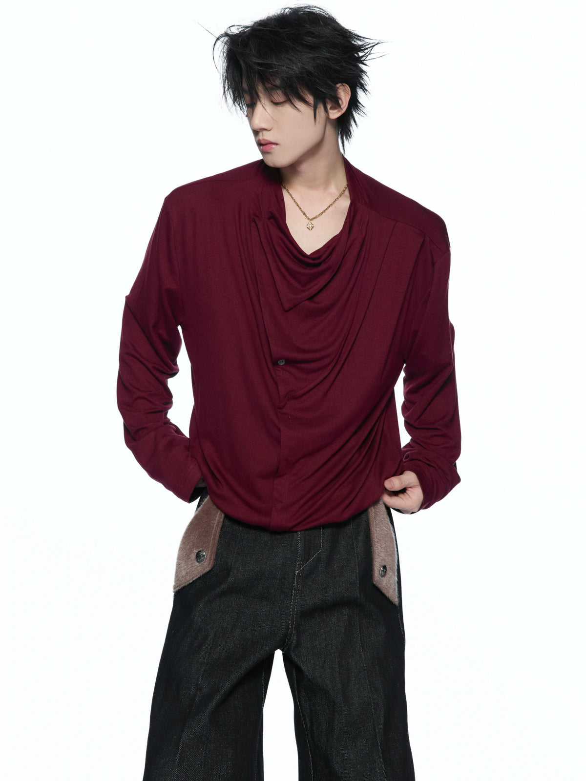 Asymmetric Cowl Neck Rayon Long Sleeve Streetwear Top - main image 2