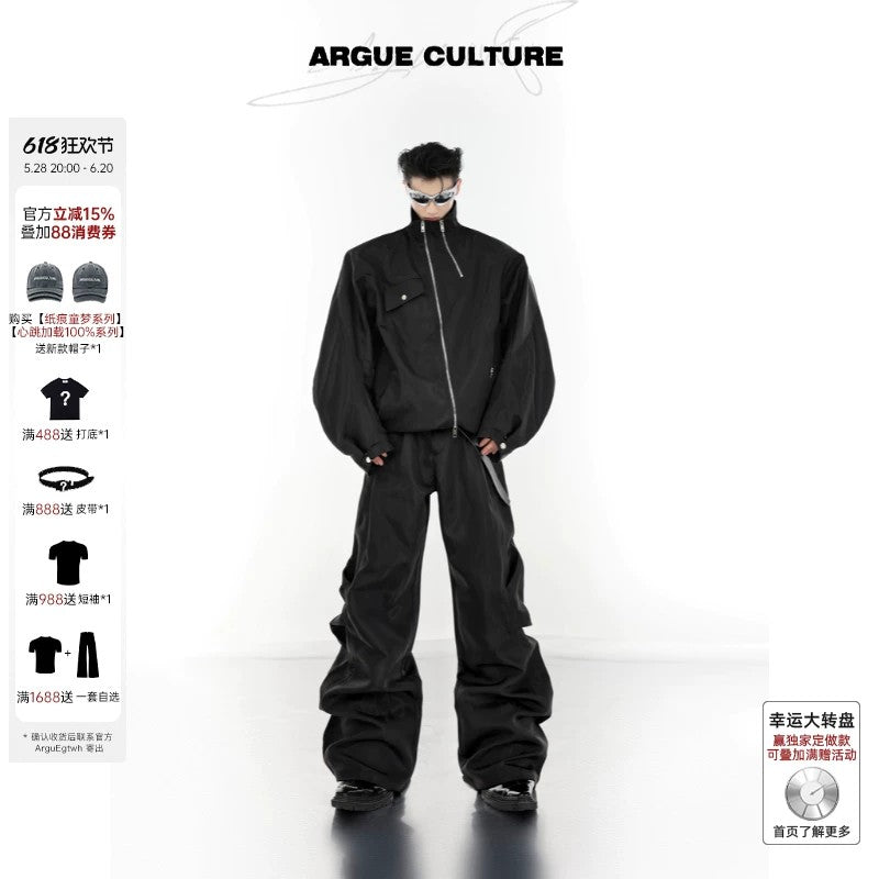 Men's asymmetric techwear jacket in black with metal zipper details.