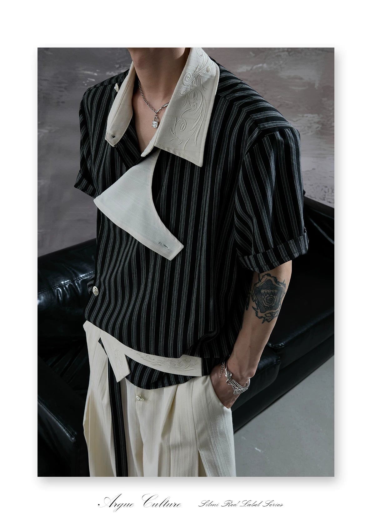 Asymmetric Embroidered Striped Short-Sleeve Shirt - detail image 7