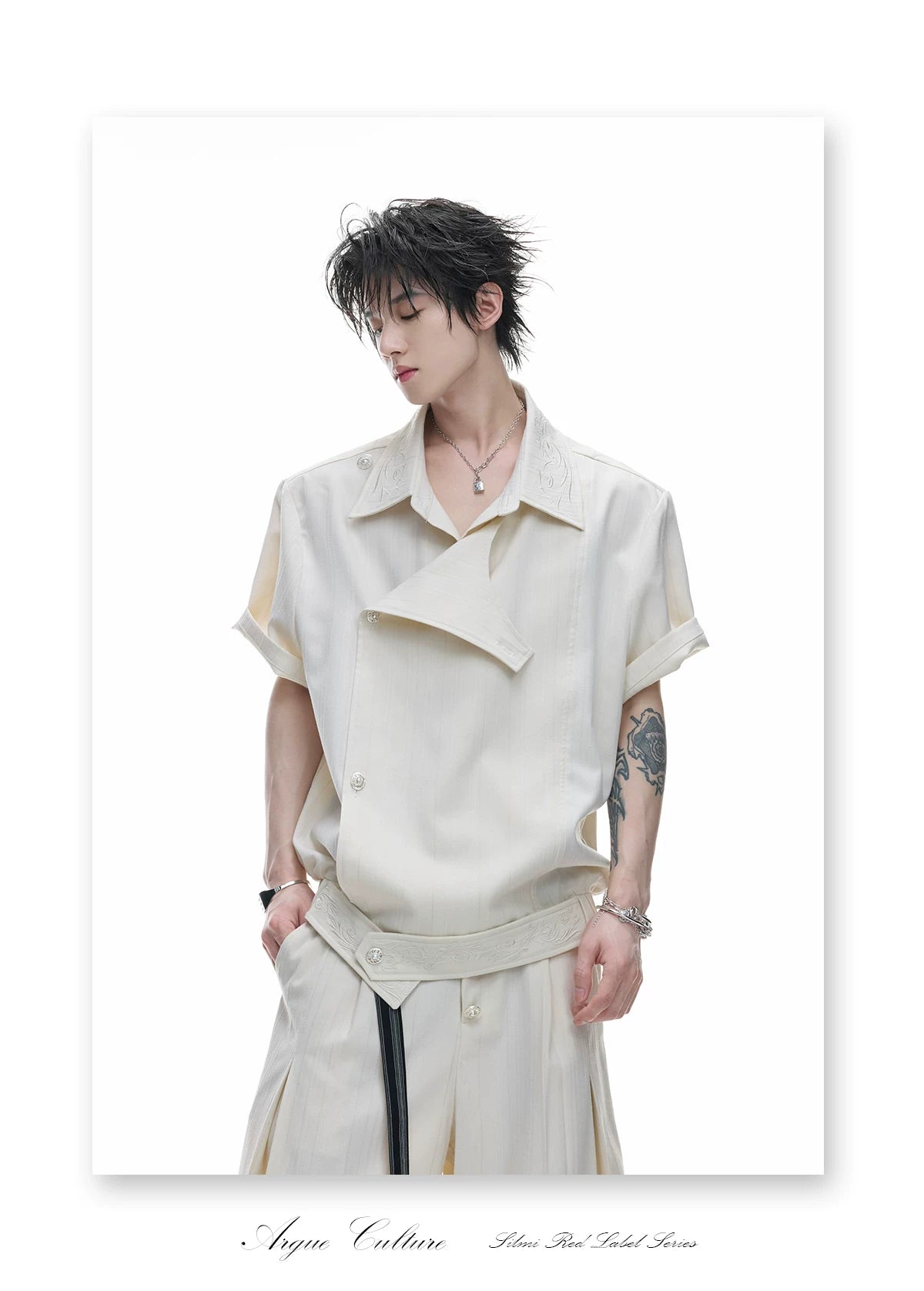 Asymmetric Embroidered Striped Short-Sleeve Shirt - detail image 18