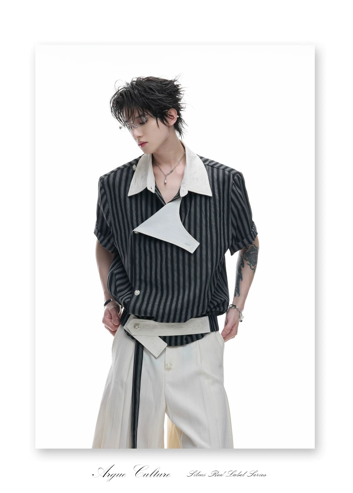Asymmetric Embroidered Striped Short-Sleeve Shirt - detail image 5