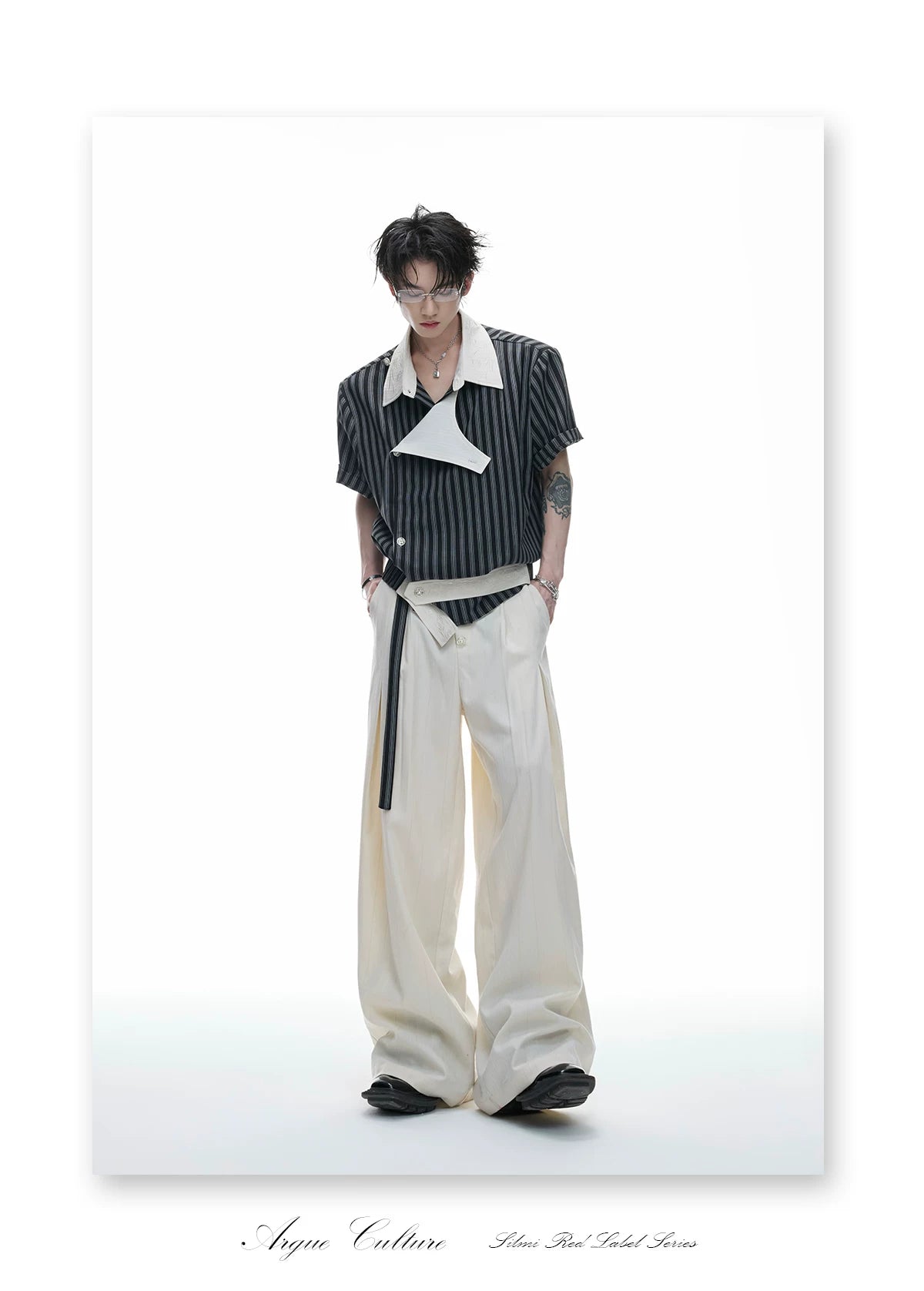 Asymmetric Embroidered Striped Short-Sleeve Shirt - detail image 15