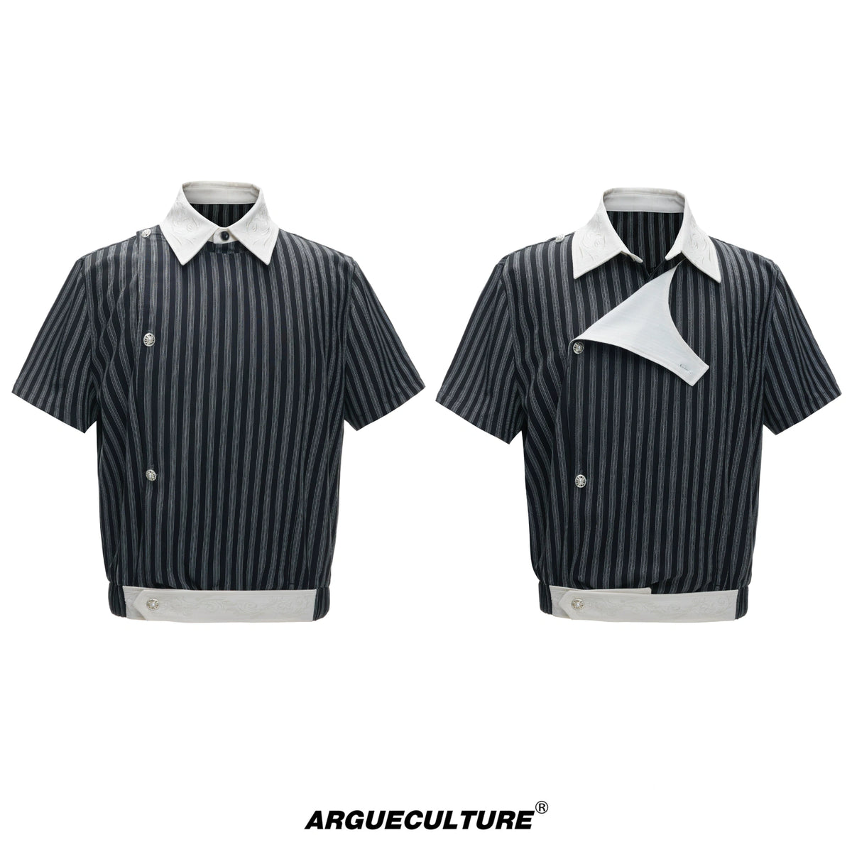 Asymmetric Embroidered Striped Short-Sleeve Shirt - Black T-Shirt