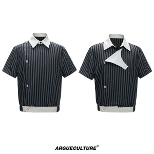 Asymmetric Embroidered Striped Short-Sleeve Shirt - Black T-Shirt