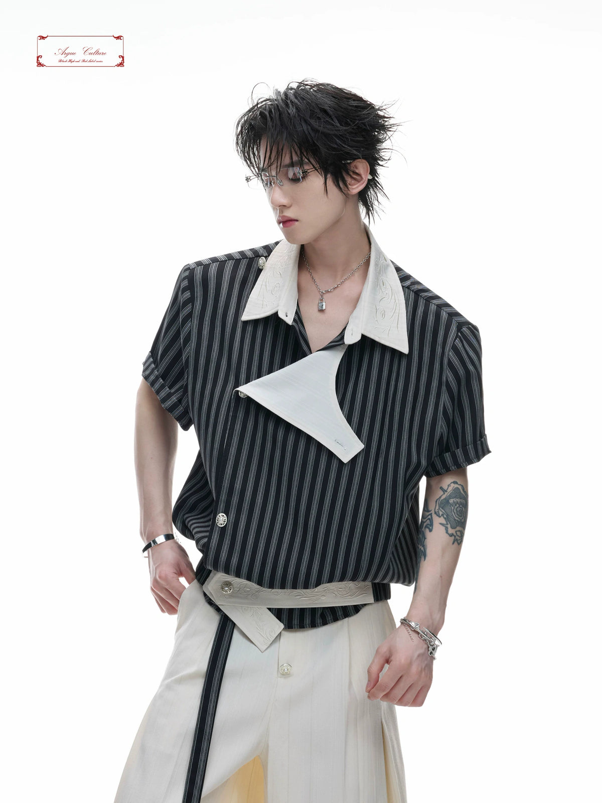 Asymmetric Embroidered Striped Short-Sleeve Shirt - main image 5