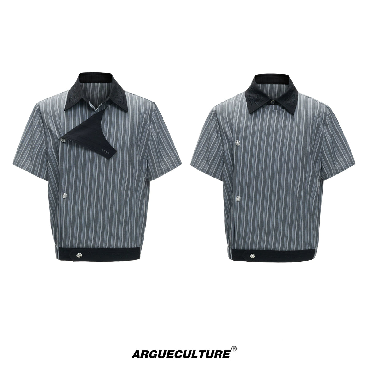 Asymmetric Embroidered Striped Short-Sleeve Shirt - Gray T-Shirt
