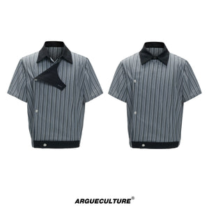 Asymmetric Embroidered Striped Short-Sleeve Shirt - Gray T-Shirt