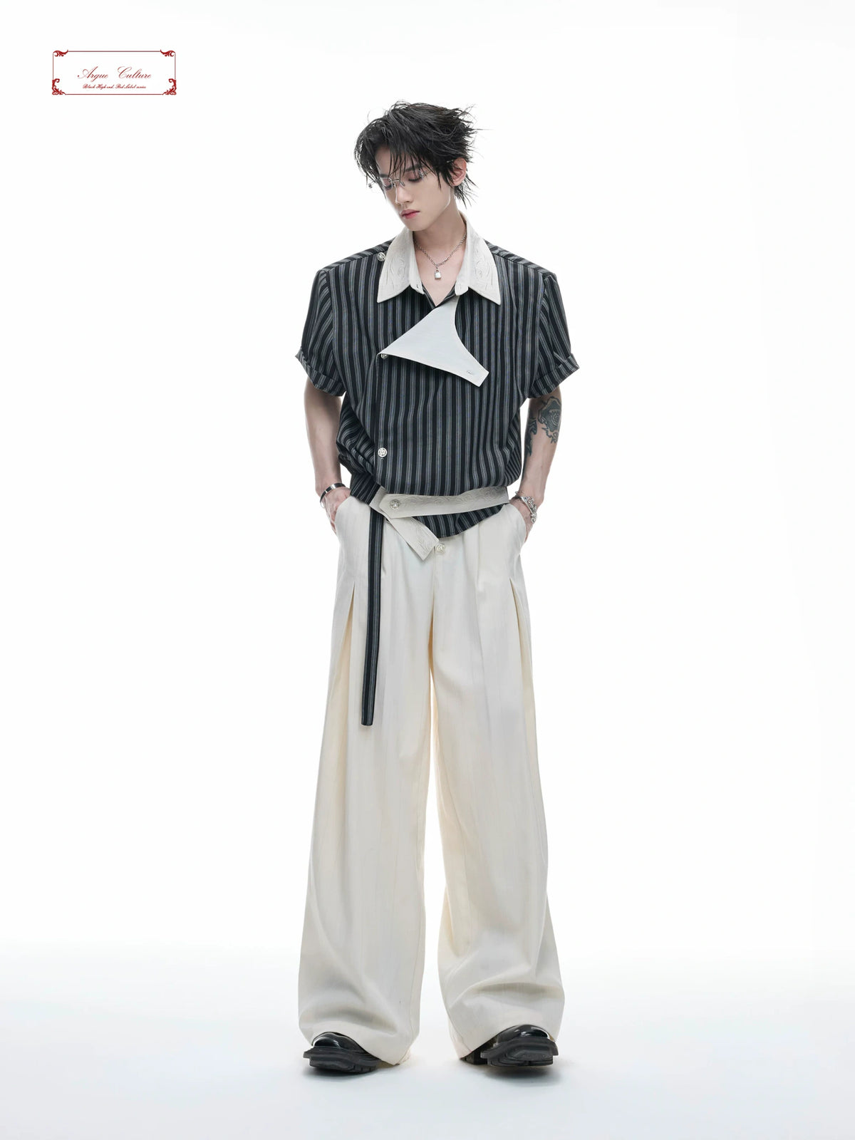 Asymmetric Embroidered Striped Short-Sleeve Shirt - main image 3