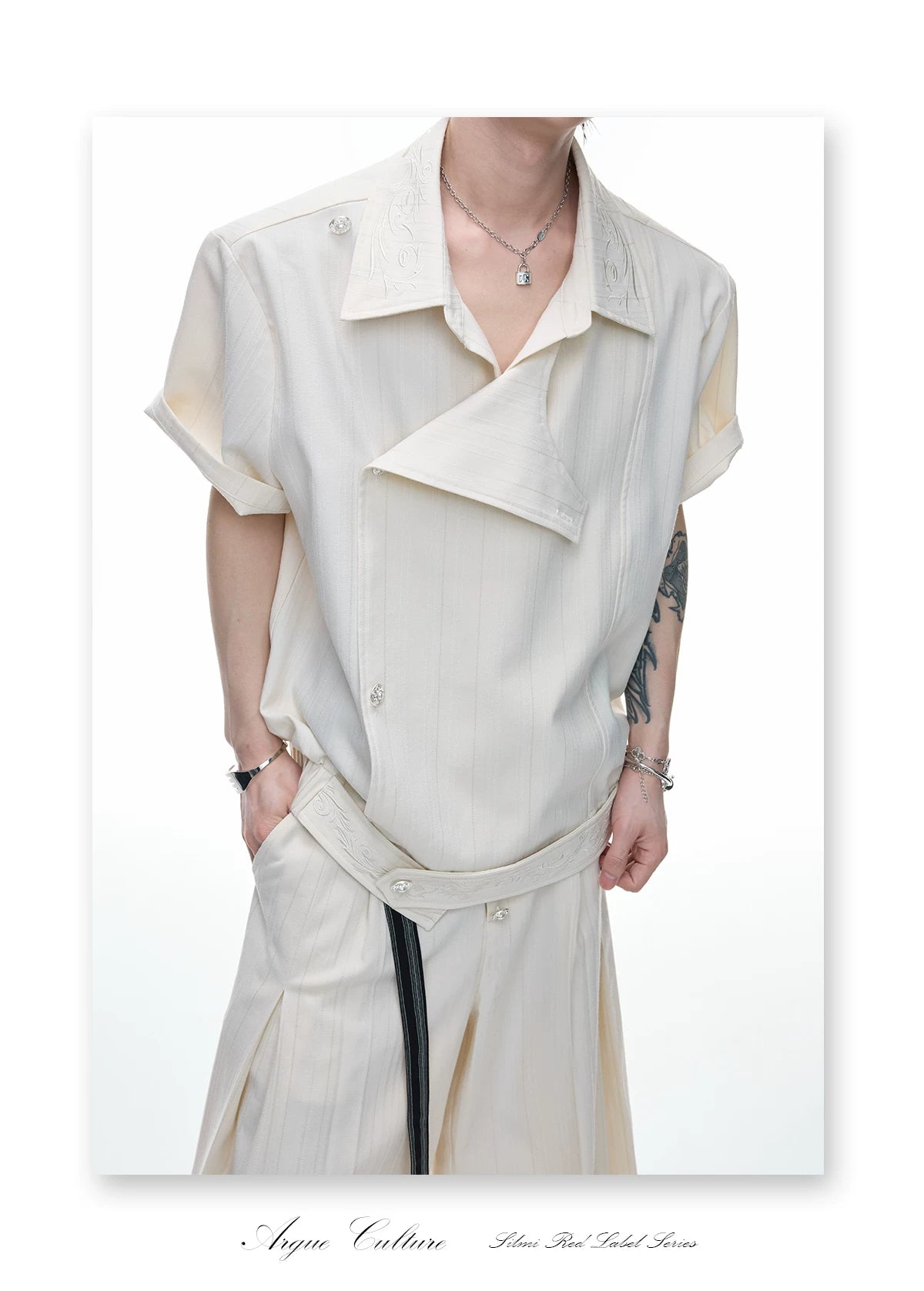 Asymmetric Embroidered Striped Short-Sleeve Shirt - detail image 19