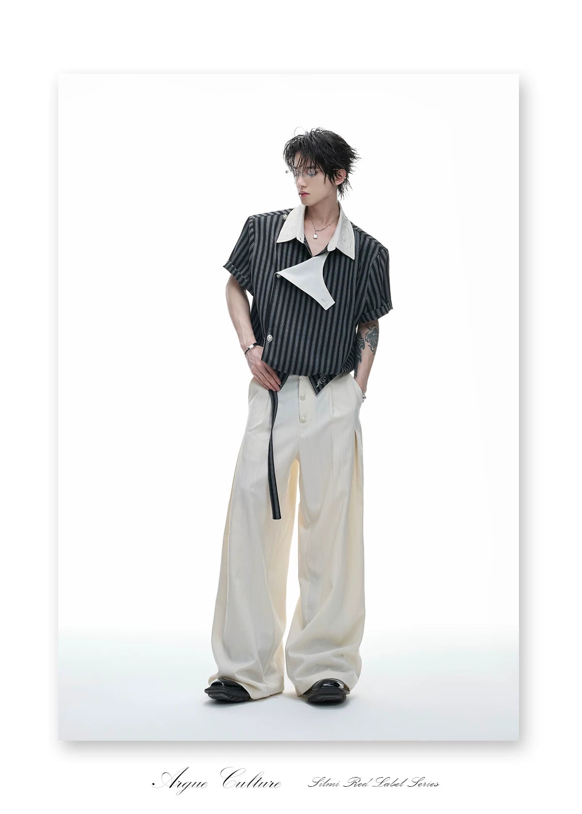 Asymmetric Embroidered Striped Short-Sleeve Shirt - detail image 14