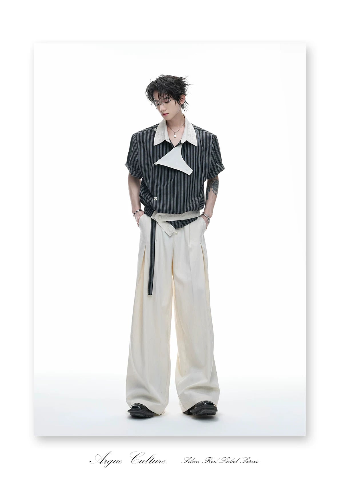 Asymmetric Embroidered Striped Short-Sleeve Shirt - detail image 11
