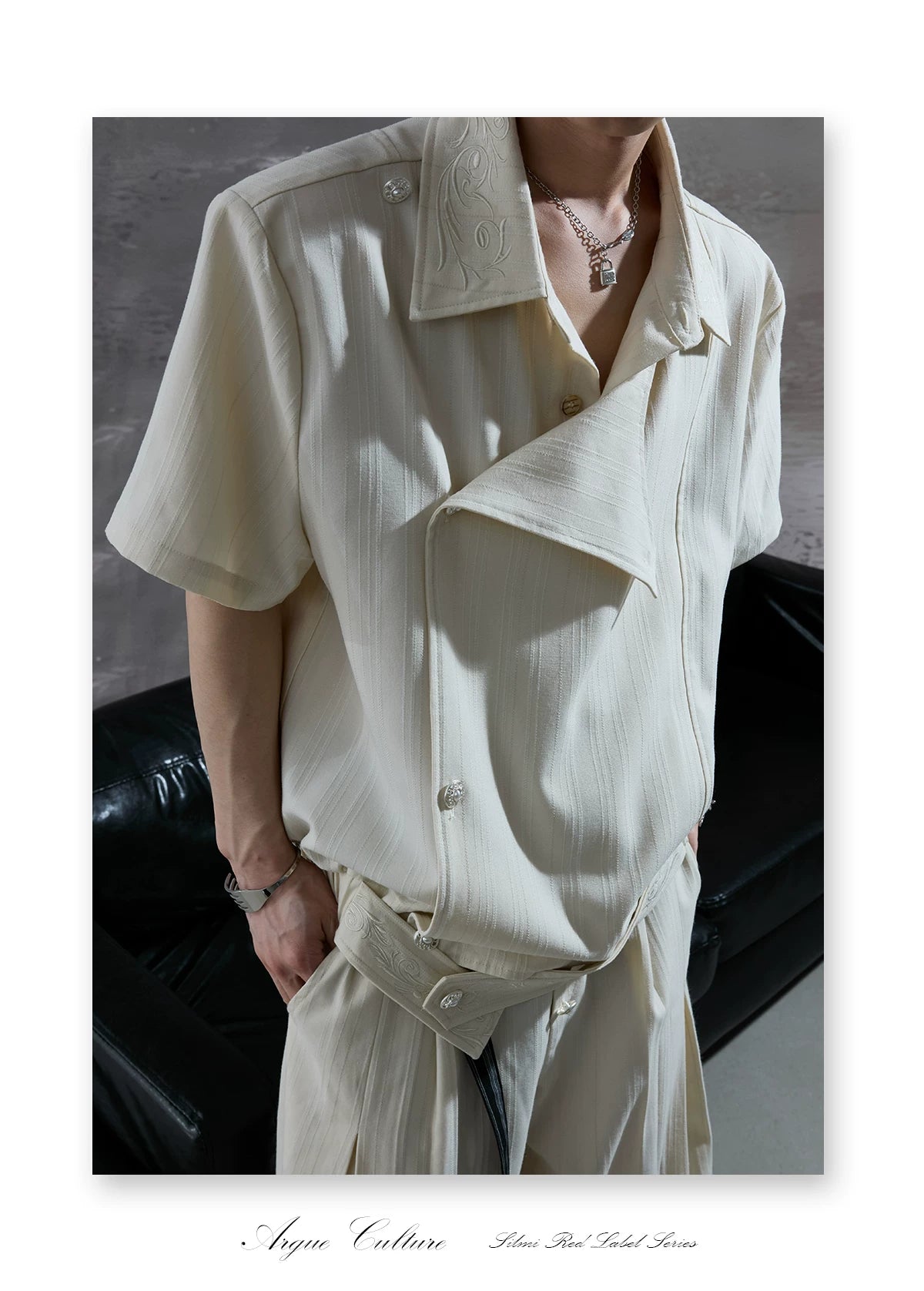 Asymmetric Embroidered Striped Short-Sleeve Shirt - detail image 20