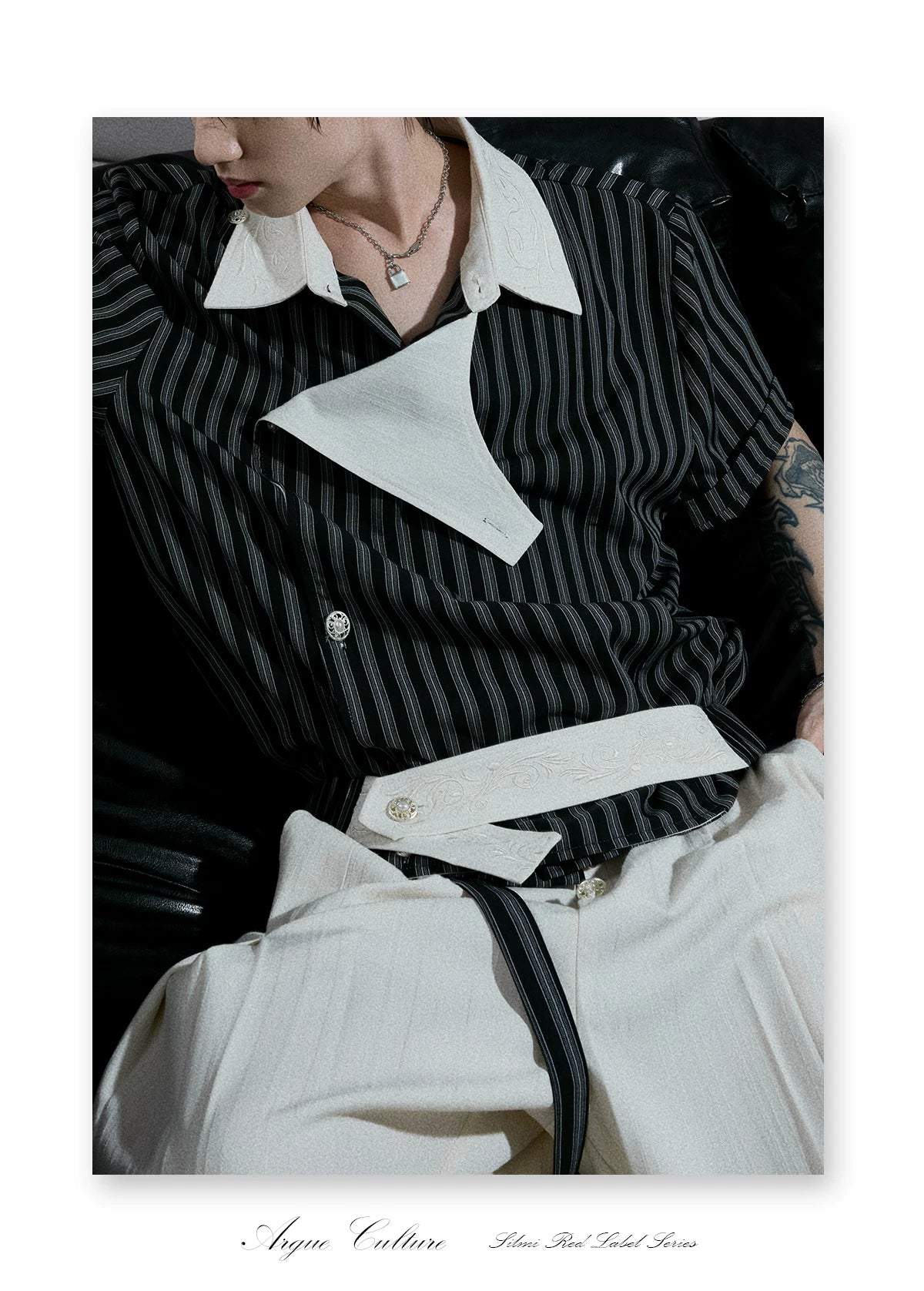 Asymmetric Embroidered Striped Short-Sleeve Shirt - detail image 10