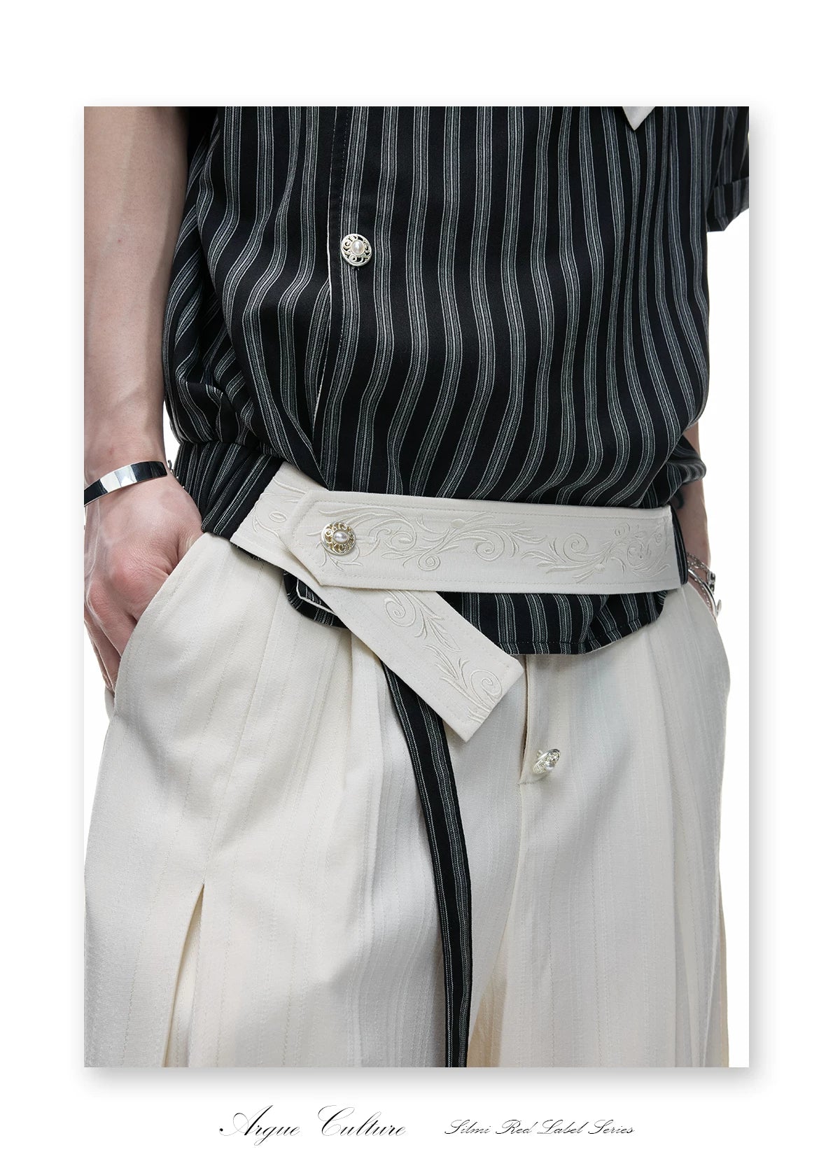 Asymmetric Embroidered Striped Short-Sleeve Shirt - detail image 9