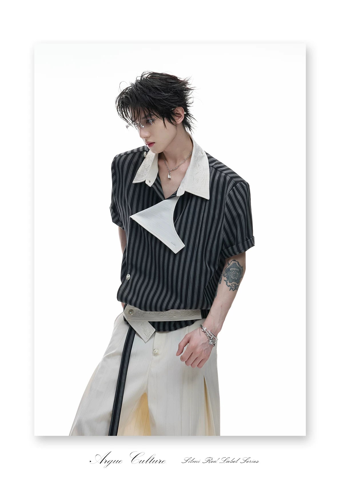 Asymmetric Embroidered Striped Short-Sleeve Shirt - detail image 3