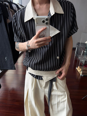Asymmetric Embroidered Striped Short-Sleeve Shirt - main image 4