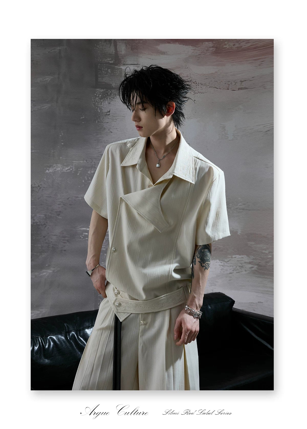 Asymmetric Embroidered Striped Short-Sleeve Shirt - detail image 21