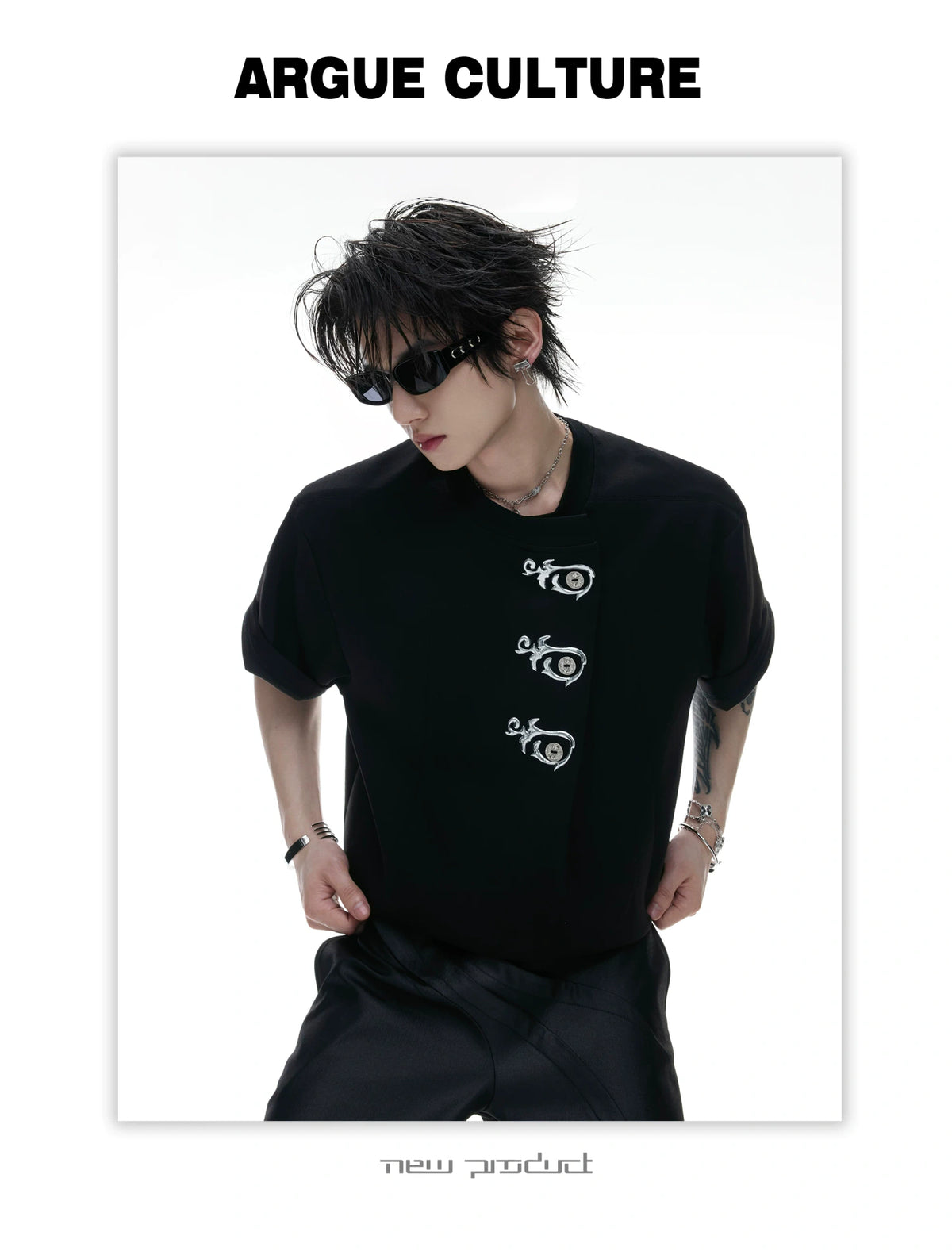 Asymmetric Placket Embroidered Rayon Blend T-Shirt - detail image 7