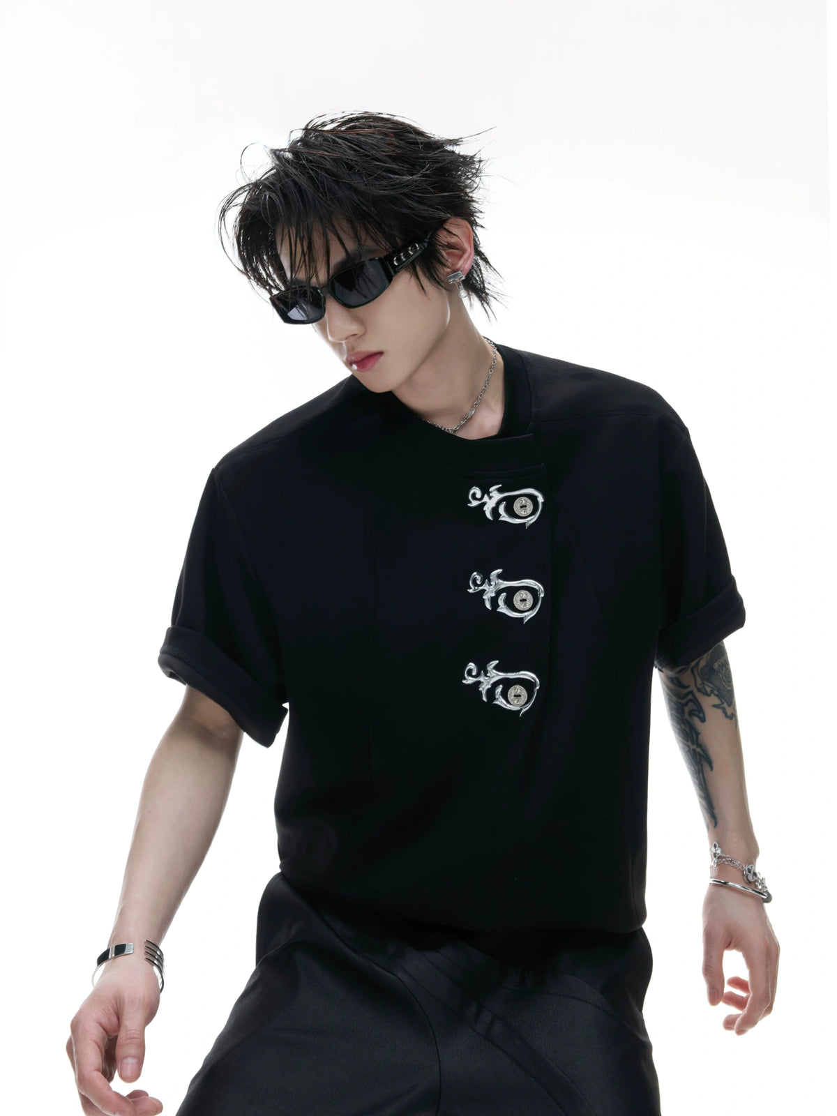 Asymmetric Placket Embroidered Rayon Blend T-Shirt - main image 1