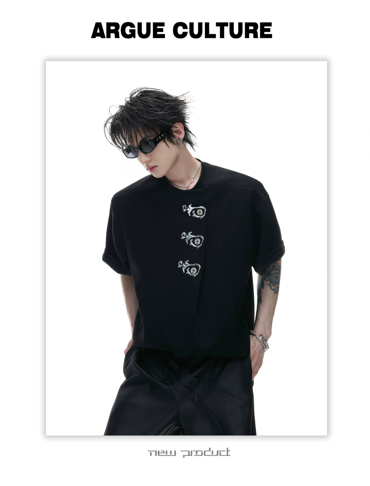 Asymmetric Placket Embroidered Rayon Blend T-Shirt - detail image 4