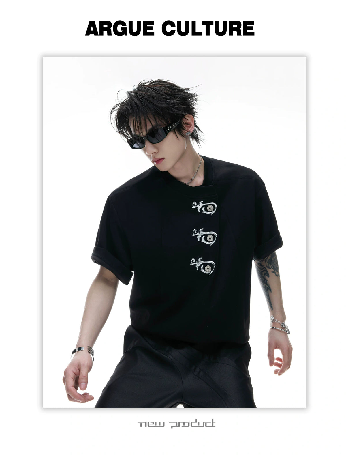 Asymmetric Placket Embroidered Rayon Blend T-Shirt - detail image 6