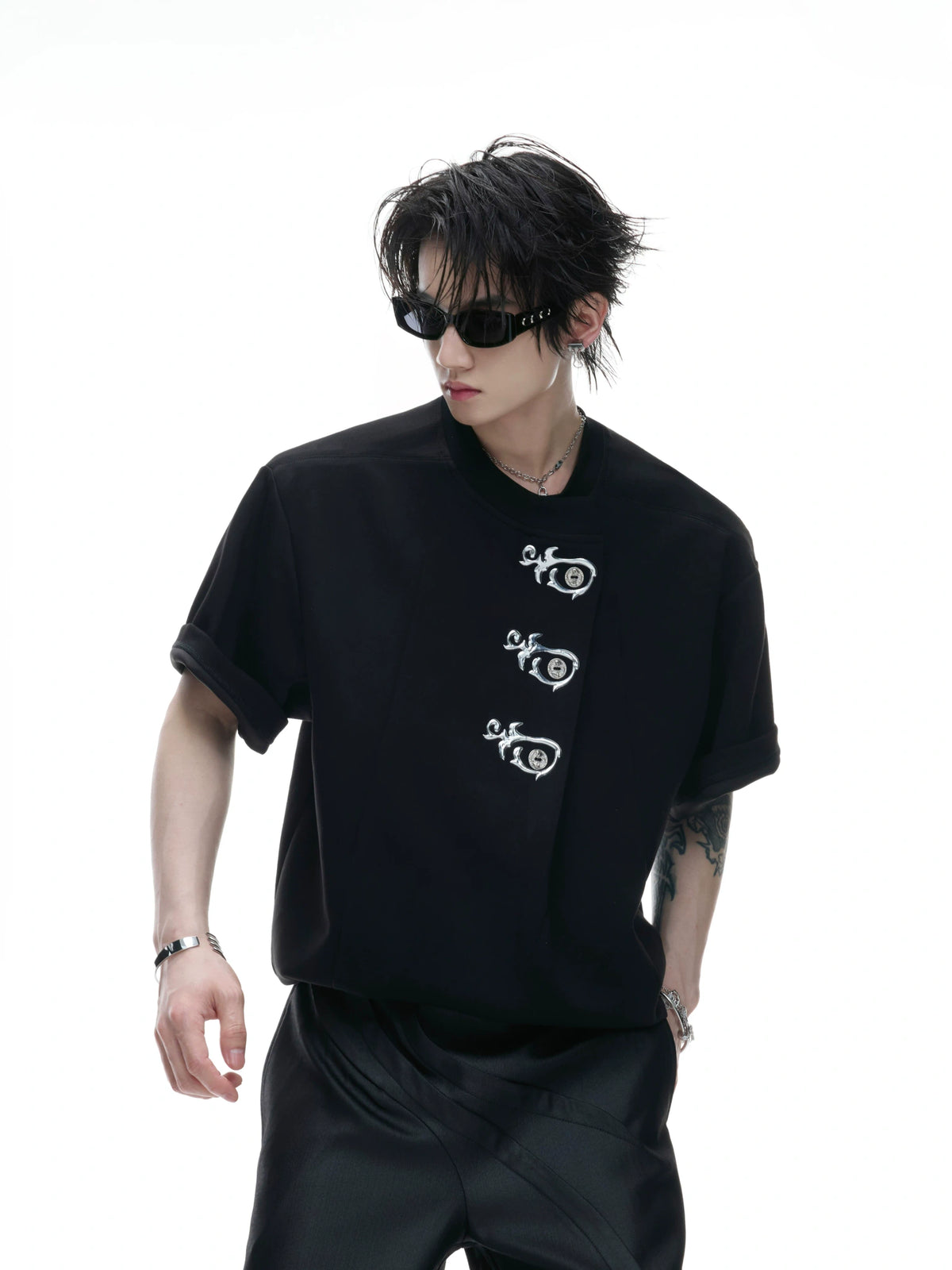 Asymmetric Placket Embroidered Rayon Blend T-Shirt - main image 4