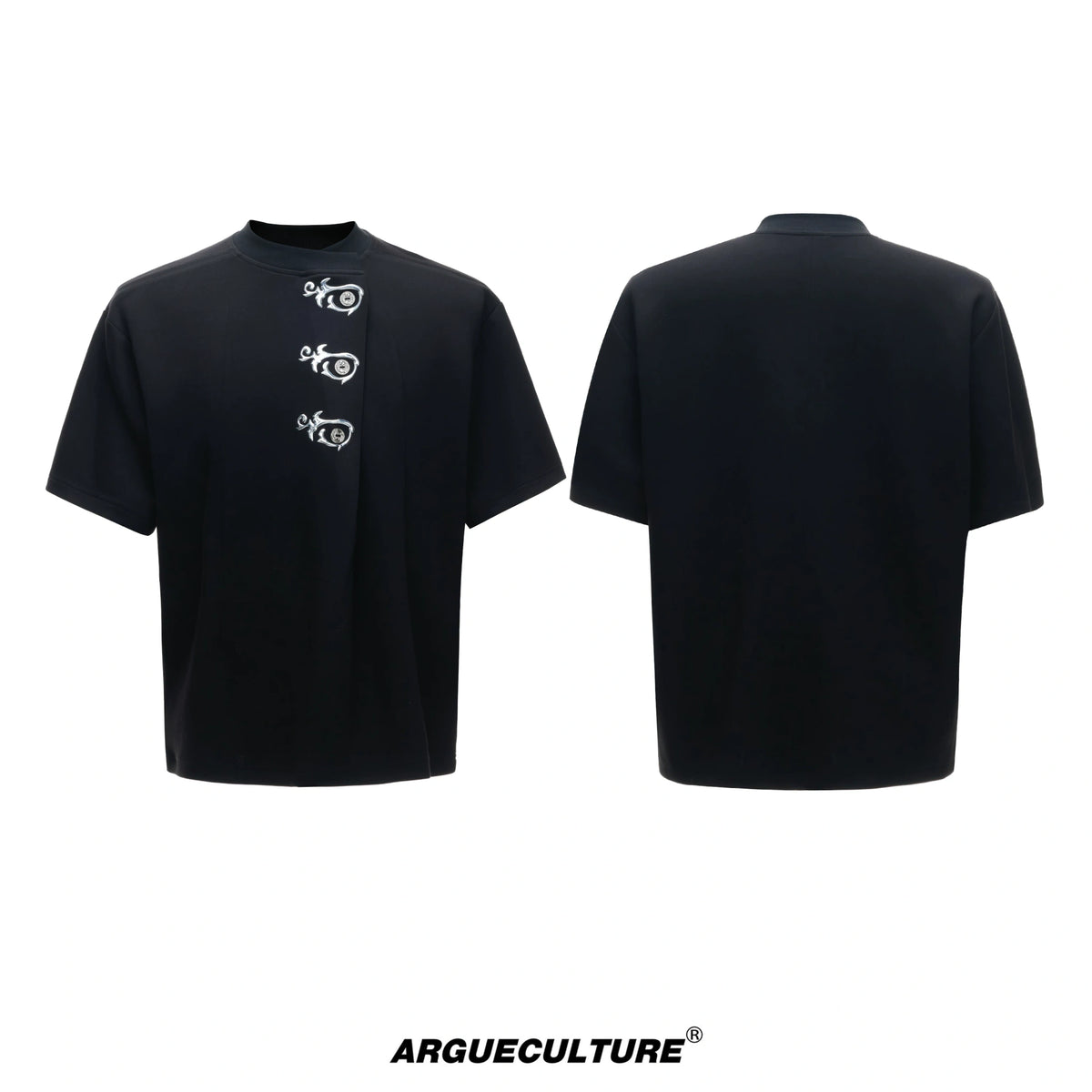 Asymmetric Placket Embroidered Rayon Blend T-Shirt - Black