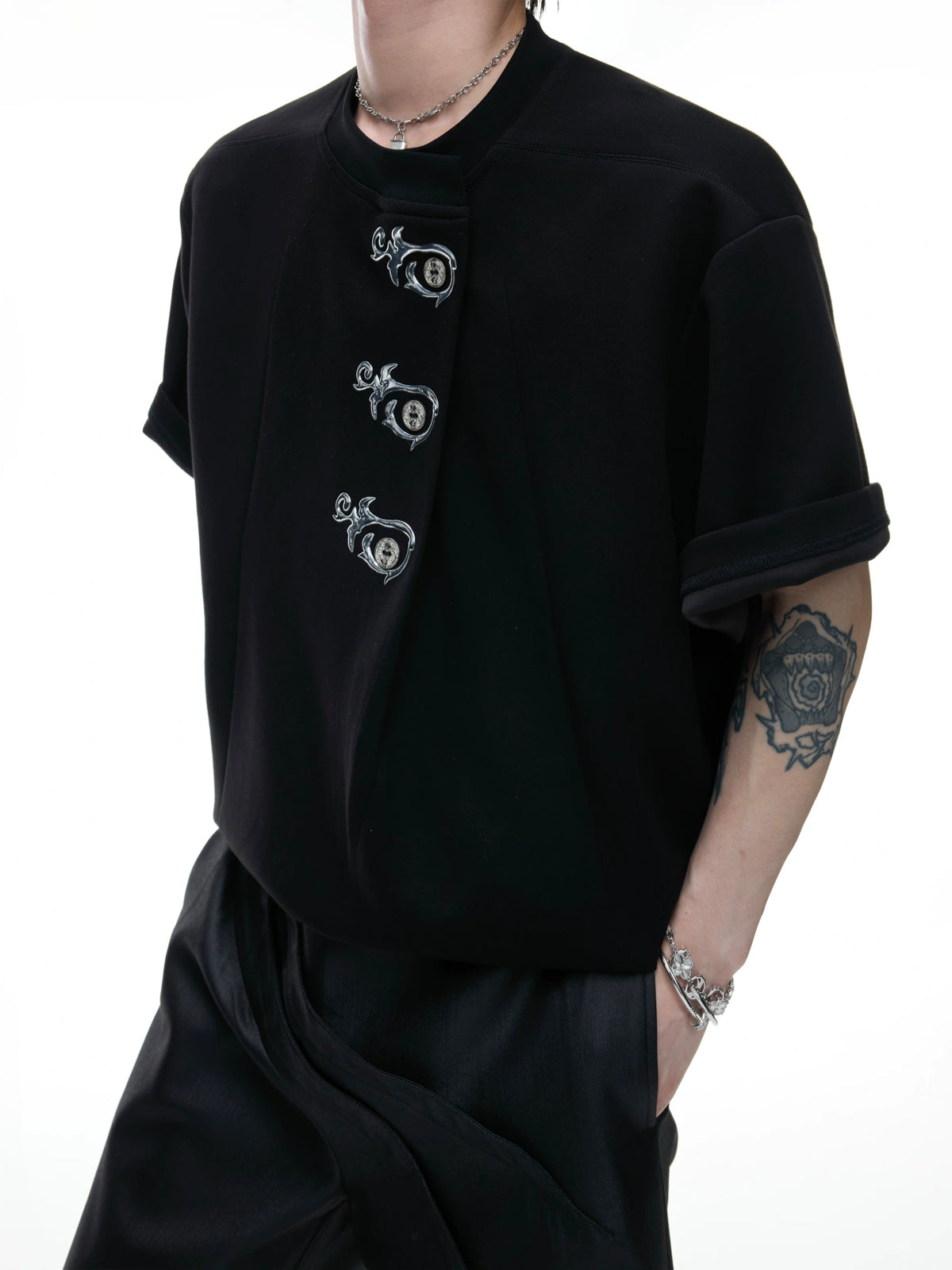 Asymmetric Placket Embroidered Rayon Blend T-Shirt - main image 3