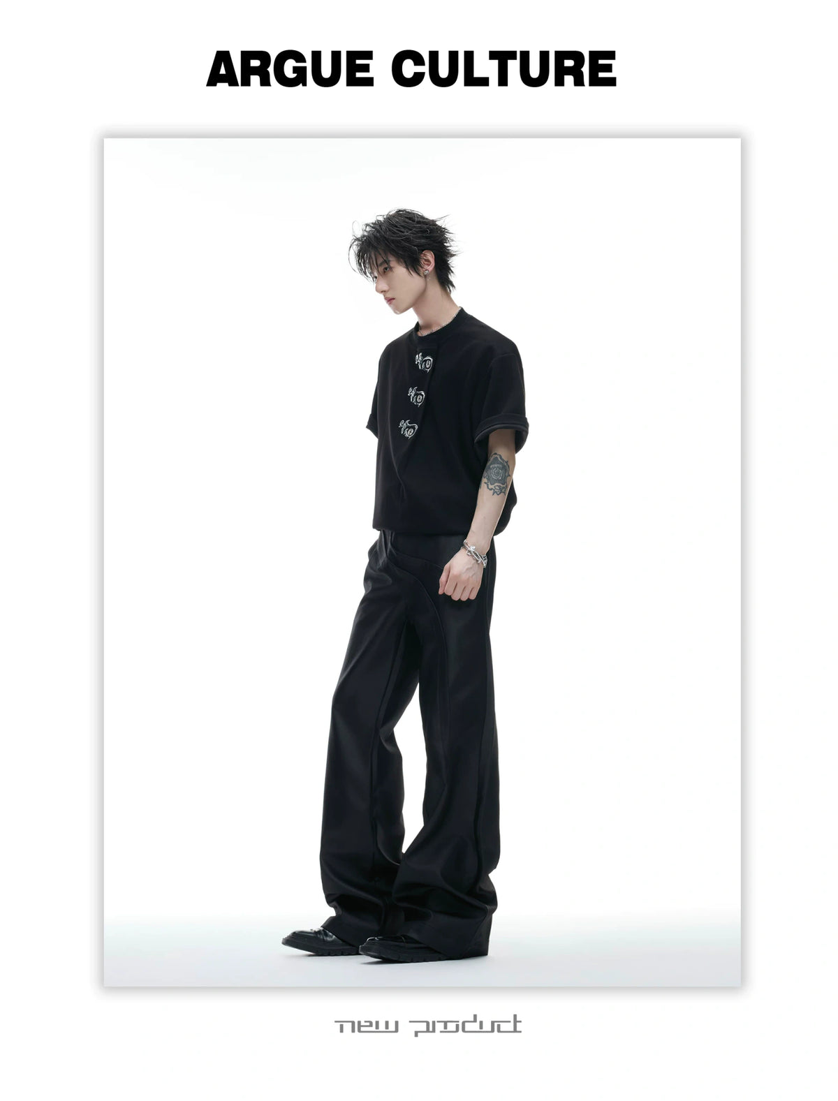 Asymmetric Placket Embroidered Rayon Blend T-Shirt - detail image 9