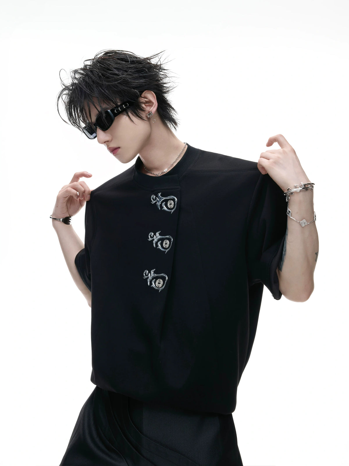 Asymmetric Placket Embroidered Rayon Blend T-Shirt - main image 2