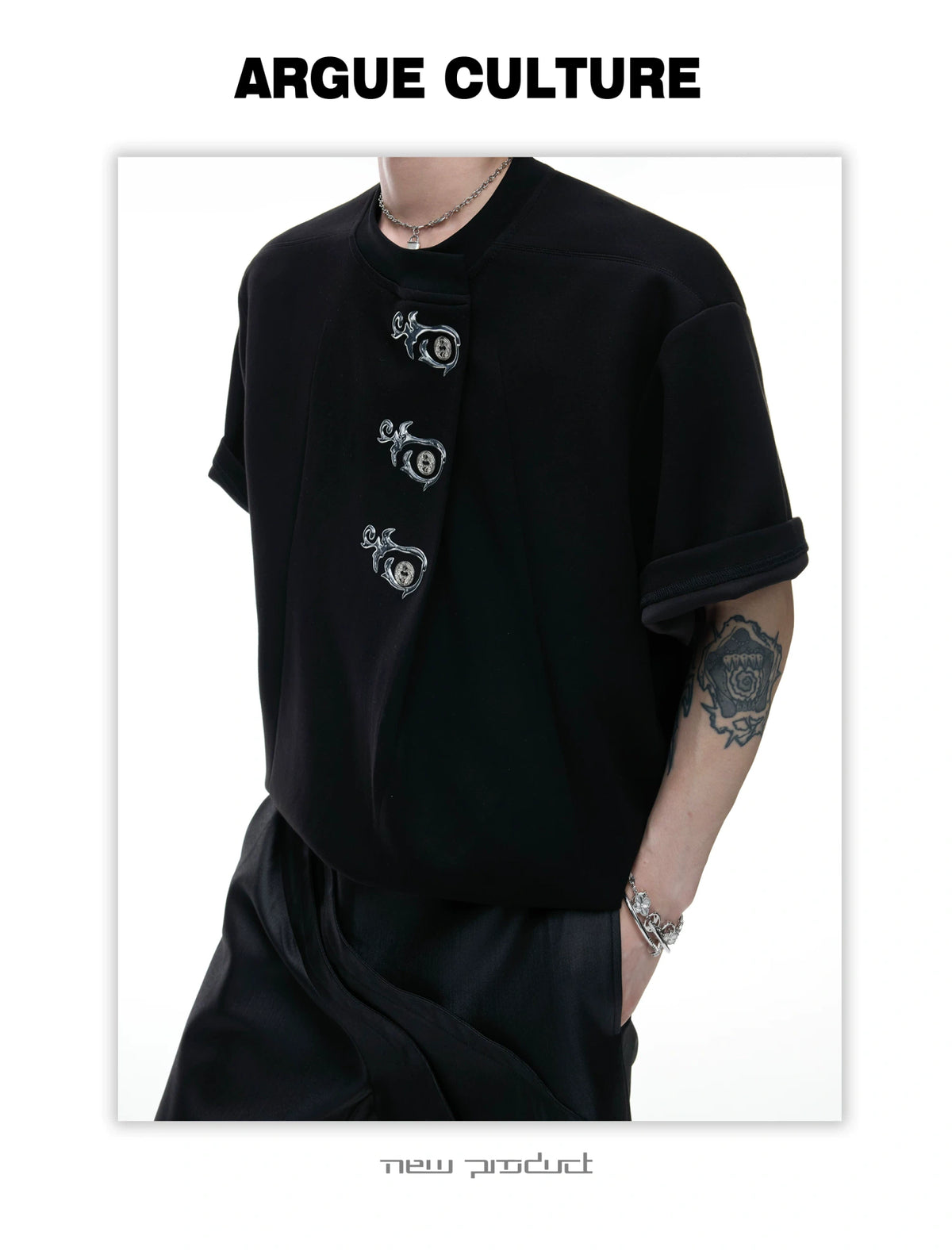 Asymmetric Placket Embroidered Rayon Blend T-Shirt - detail image 3