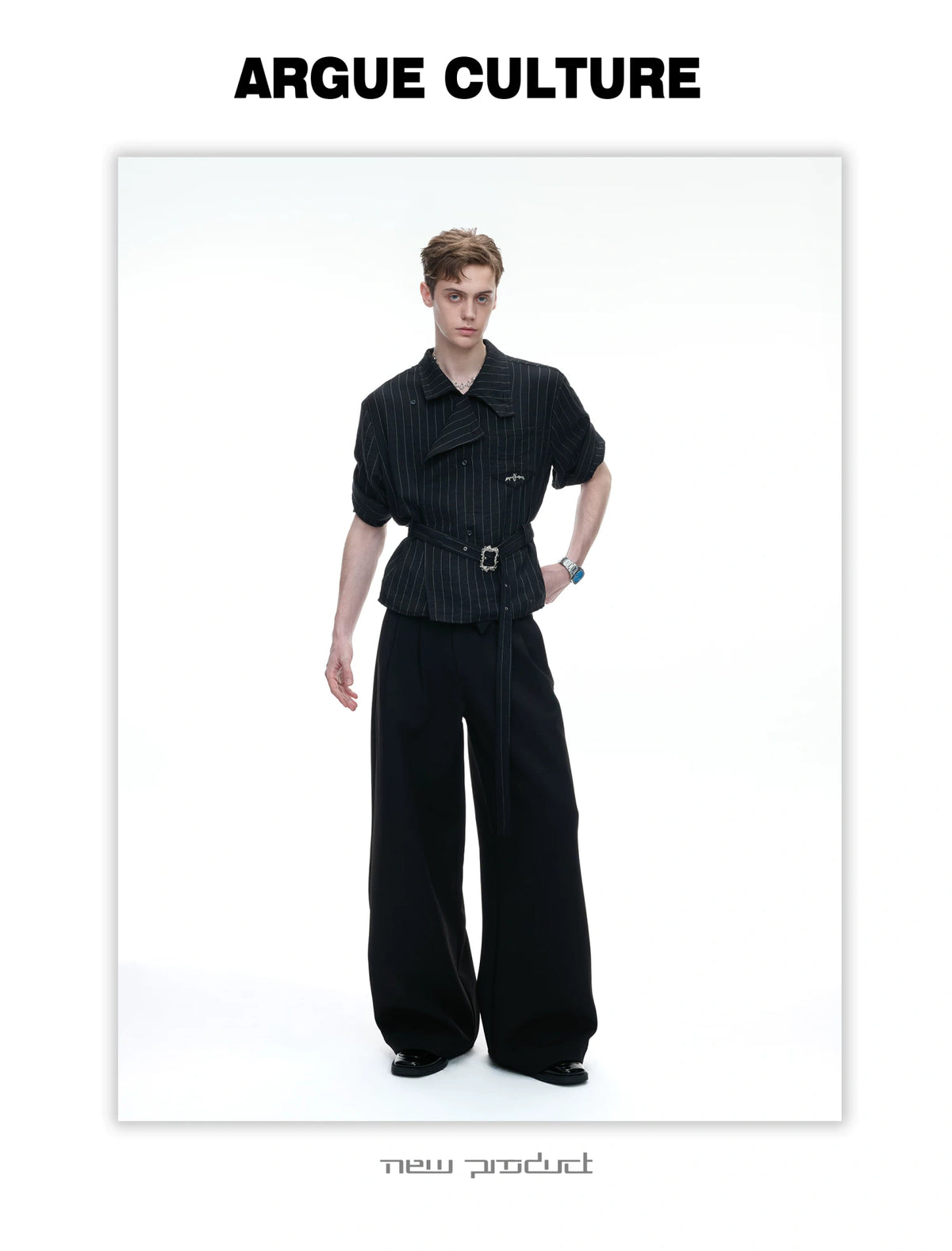 Asymmetric Striped Belted Shirt with Metal Buckle - detail image 17